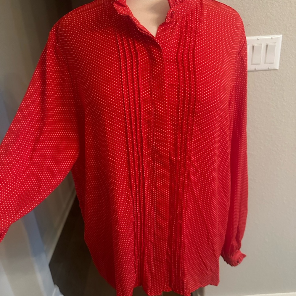 Red Polka Dot Blouse button up w ruffles and flirty seams